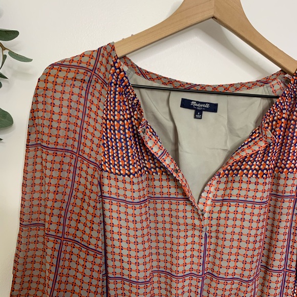 Madewell retrogrid silk peasant sleeve red dress - Picture 3 of 8